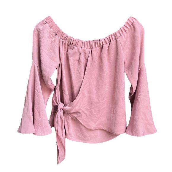 ASOS Off Shoulder Drape Faux Wrap Bell Sleeve Top Dusty Pink Size 0 - Picture 1 of 9
